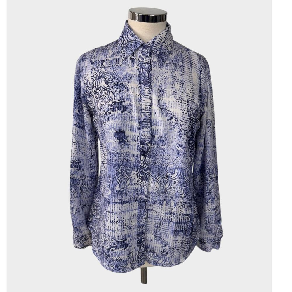 Chico's Size 0 Small Long Sleeve Button Up Shirt Blue Purple Marbled Pattern